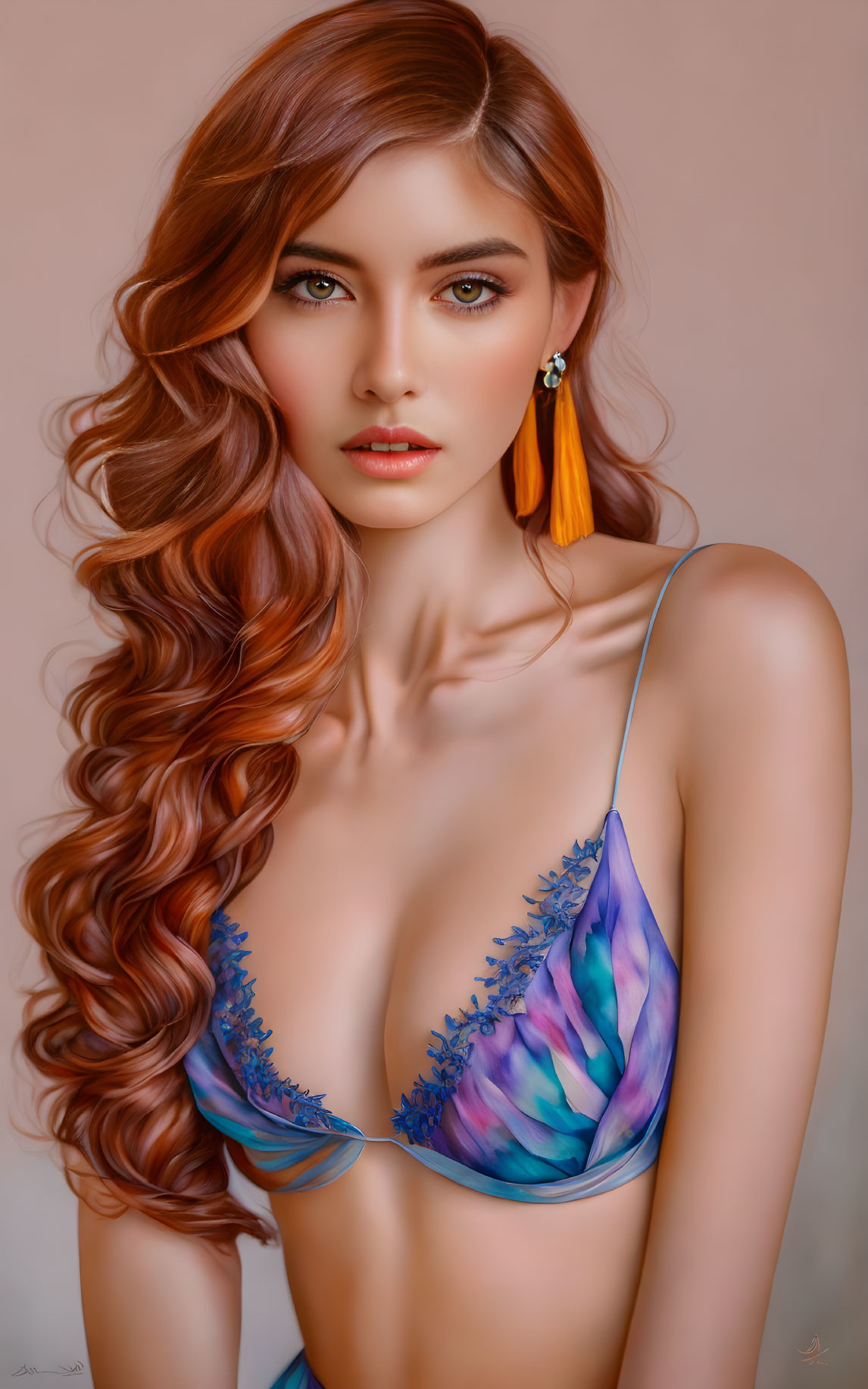 Digital portrait of a woman with red hair, striking eyes, in blue and purple attire