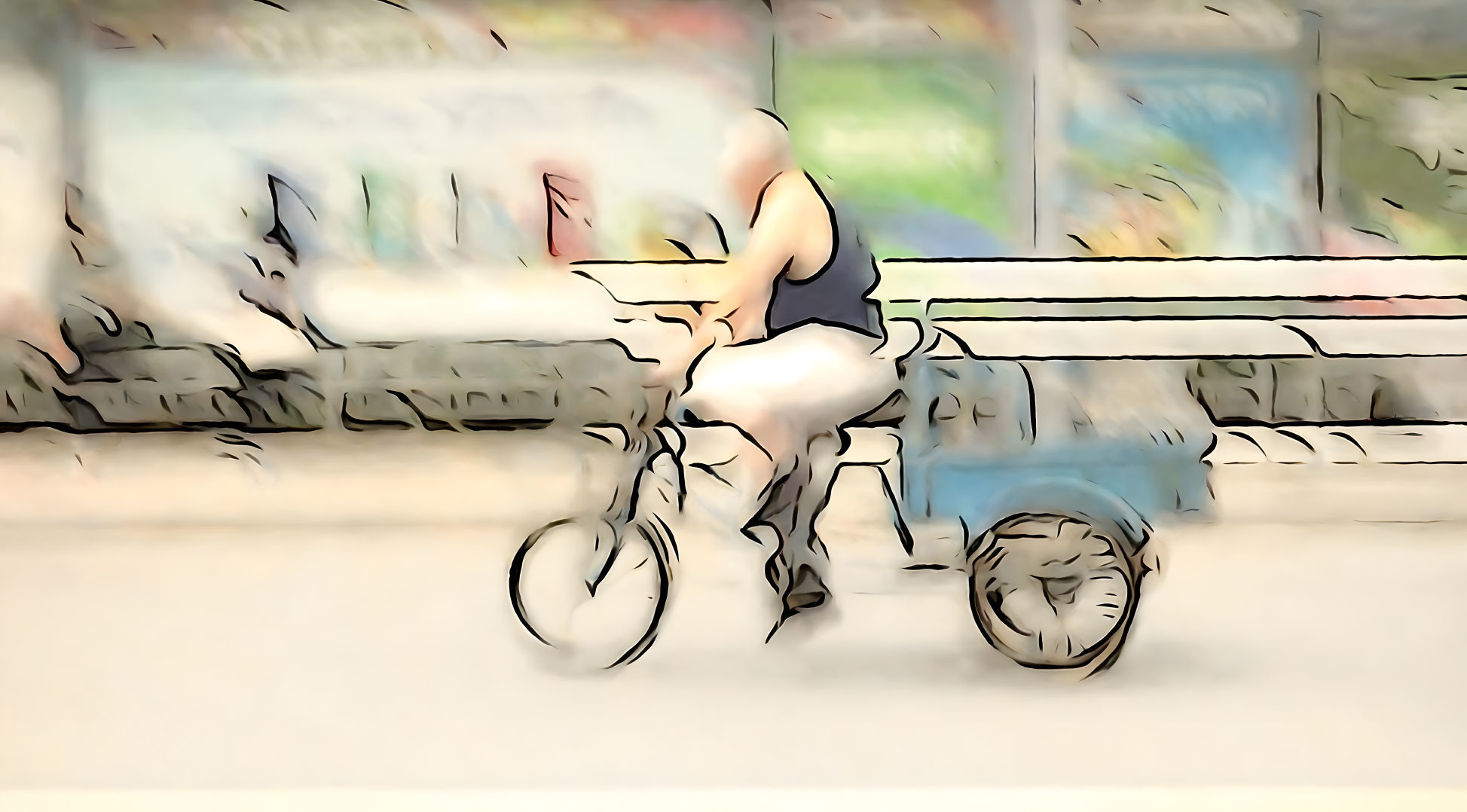 Colorful painting of person on tricycle with cargo compartment