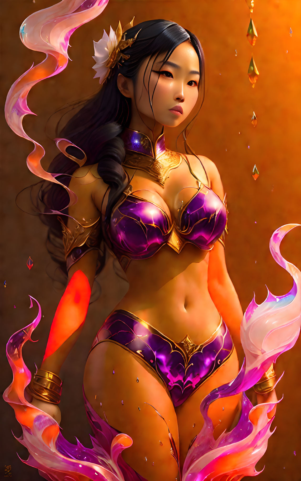 Illustration of female warrior in golden and purple armor with mystical flames