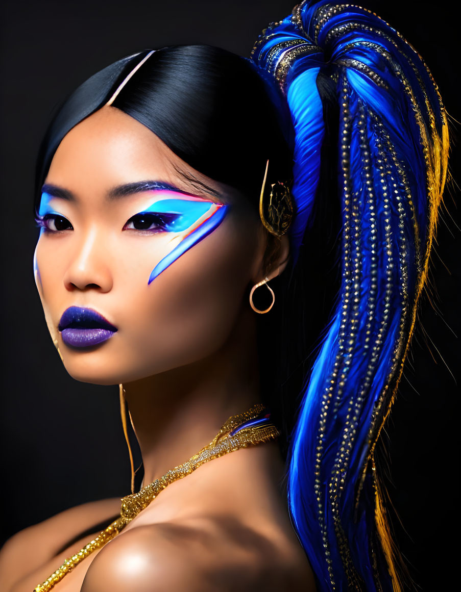 Striking Blue Makeup and High Ponytail with Blue Hair Extensions