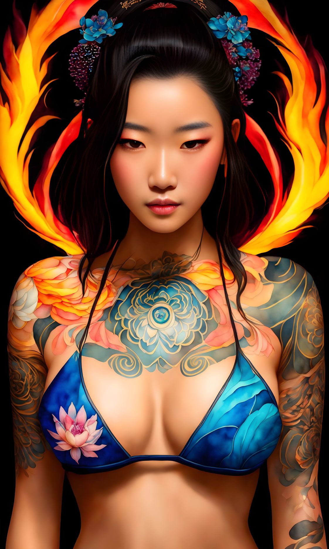 Detailed Tattooed Woman with Fiery Hair on Black Background