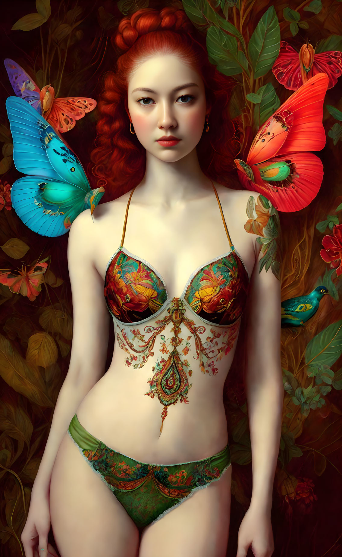 Red-haired woman adorned with butterflies and floral patterns in ornate bikini