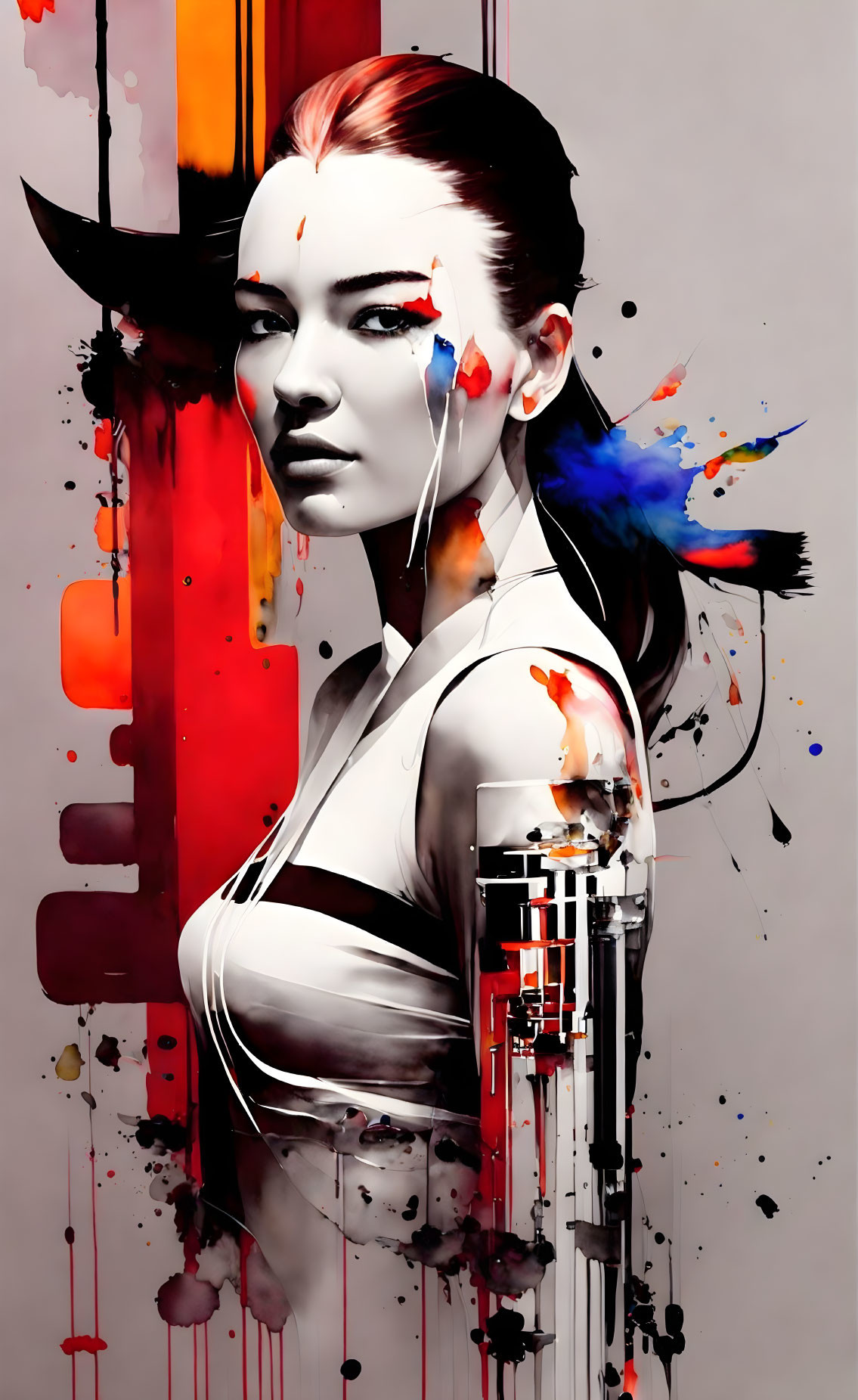 Stylized digital artwork of a woman with cybernetic arm in vivid colors