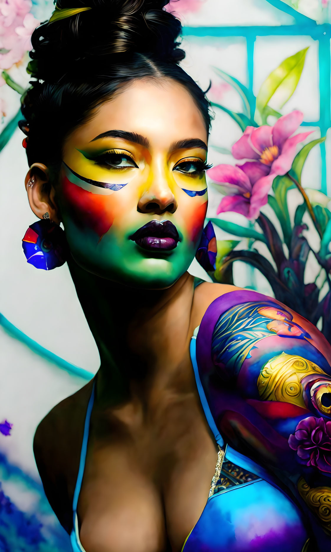 Vibrant face and body paint with bold colors and floral motifs