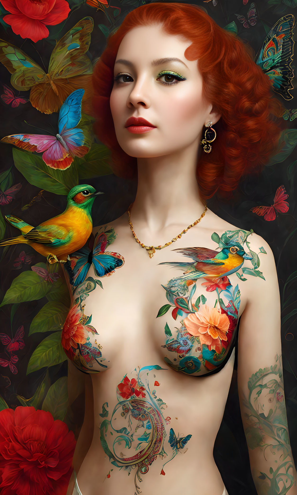 Red-haired woman with butterflies, birds, and floral tattoos on dark background