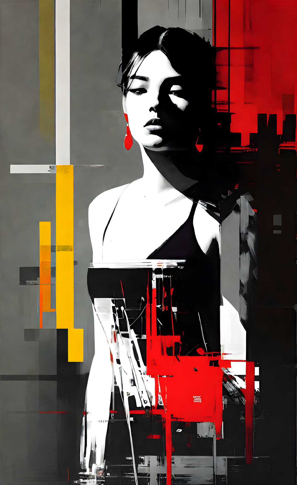 Abstract glitch art digital portrait of a woman in bold red, black, and gray colors