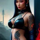 Blue-haired female fantasy character with tattoos near Asian pagoda and fiery elements