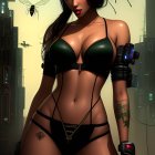 Digital artwork of woman with blue hair in black bikini, tattoo, futuristic city, flying insects