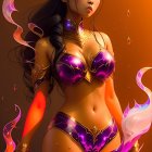 Illustration of female warrior in golden and purple armor with mystical flames