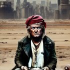 Person in red beret sits in dystopian landscape with bowl, industrial ruins in background