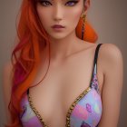 Digital portrait of woman: red hair, cat ears, colorful bralette, bold makeup.