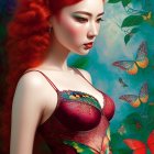 Vivid red-haired woman in butterfly motif corset surrounded by butterflies on green background