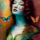 Vibrant portrait of woman with red hair, blue skin, butterfly motifs, and colorful flowers