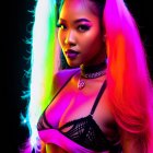 Vibrant neon-colored hair woman in black outfit with choker against dark background