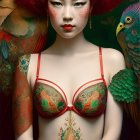 Red-haired woman with traditional headdress, colorful birds, and intricate tattoos.