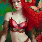 Red-haired person in red lace bikini with butterflies and floral elements on green background