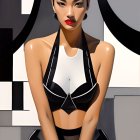 Digital artwork: Woman with twin buns in black & white outfit, abstract geometric background