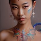 Woman adorned with ornate headband and vibrant dragon body art.