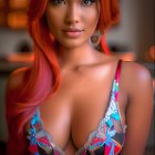 Red-haired woman in patterned bikini posing confidently with warm, blurry background