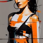 Stylized digital artwork of a woman with striking makeup and abstract orange, black, and white design