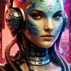 Detailed futuristic female android with cybernetic head and headphones on red patterned background