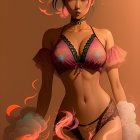 Artistic image: Woman with green hair and pink highlights in lingerie amidst swirling pink and orange smoke