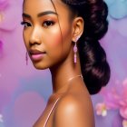 Woman with elegant updo and makeup in front of soft blue and pink flower backdrop