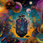 Colorful Surreal Triptych with Mechanical Insects and Cosmic Background
