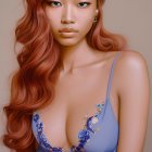 Digital portrait of woman with long auburn hair in blue lingerie top