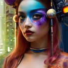 Colorful makeup woman with spherical accessories in urban backdrop