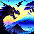 Majestic dragon flying over mythical landscape with pagodas and mountains