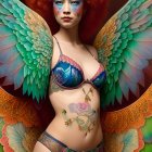 Vibrant red-haired woman with blue makeup and bird wings in mythical pose