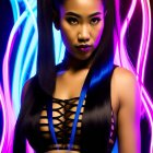 Woman with pigtails in strappy top under blue and yellow neon light trails
