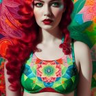 Bright red-haired woman in floral bikini against colorful backdrop