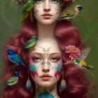 Red-haired woman with floral hair accessories, birds, tattoos, and vibrant makeup.