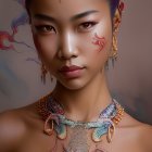 Portrait of Woman with Purple Updo and Bejeweled Headpiece, Earrings, Floral Necklace