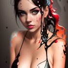 Dark-haired woman with red and black swirling elements portraying elegance and chaos