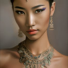 Woman showcasing elegant headpiece, feathered neckline, and vibrant blue eyeshadow