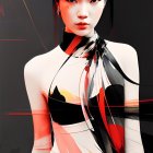 Abstract digital artwork: Female figure in modern dress with red and black patterns