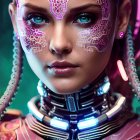 Female digital artwork with cybernetic details, blue eyes, headgear, and face patterns in futuristic