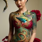 Woman in body suit with snake and bird designs surrounded by red flowers and facing hovering snake with patterned