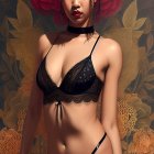 Digital portrait of woman in black lingerie with ornate updo hair, set against floral backdrop