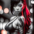 Digital artwork of female character with cat ears, red and black hair, body art, choker,