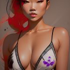 Asian woman in floral bra gazes back over shoulder
