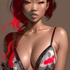Asian woman digital artwork: red flowing hair, floral bra, beige background