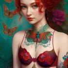 Red-haired woman with tattoos and butterflies on floral background.