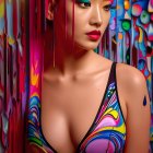 Woman with creative body paint in swimsuit against colorful abstract background