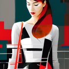 Stylized digital artwork of woman in red headscarf and black-and-white dress against colorful background