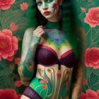 Illustration of woman with green hair, tattoos, and exotic makeup on floral background