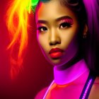 Colorful Neon Makeup and Accessories on Woman Under Red Lighting